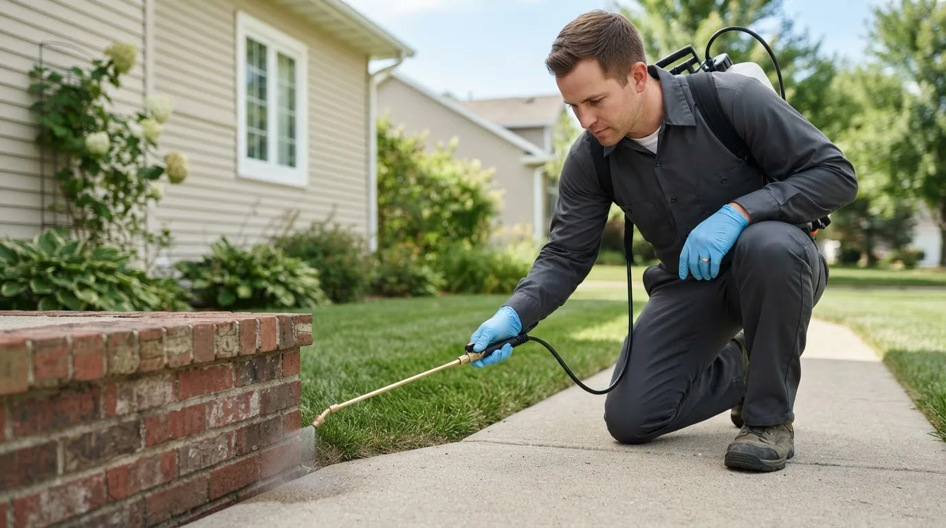 Pest control technician treating a home near Cumberland Center, ME
