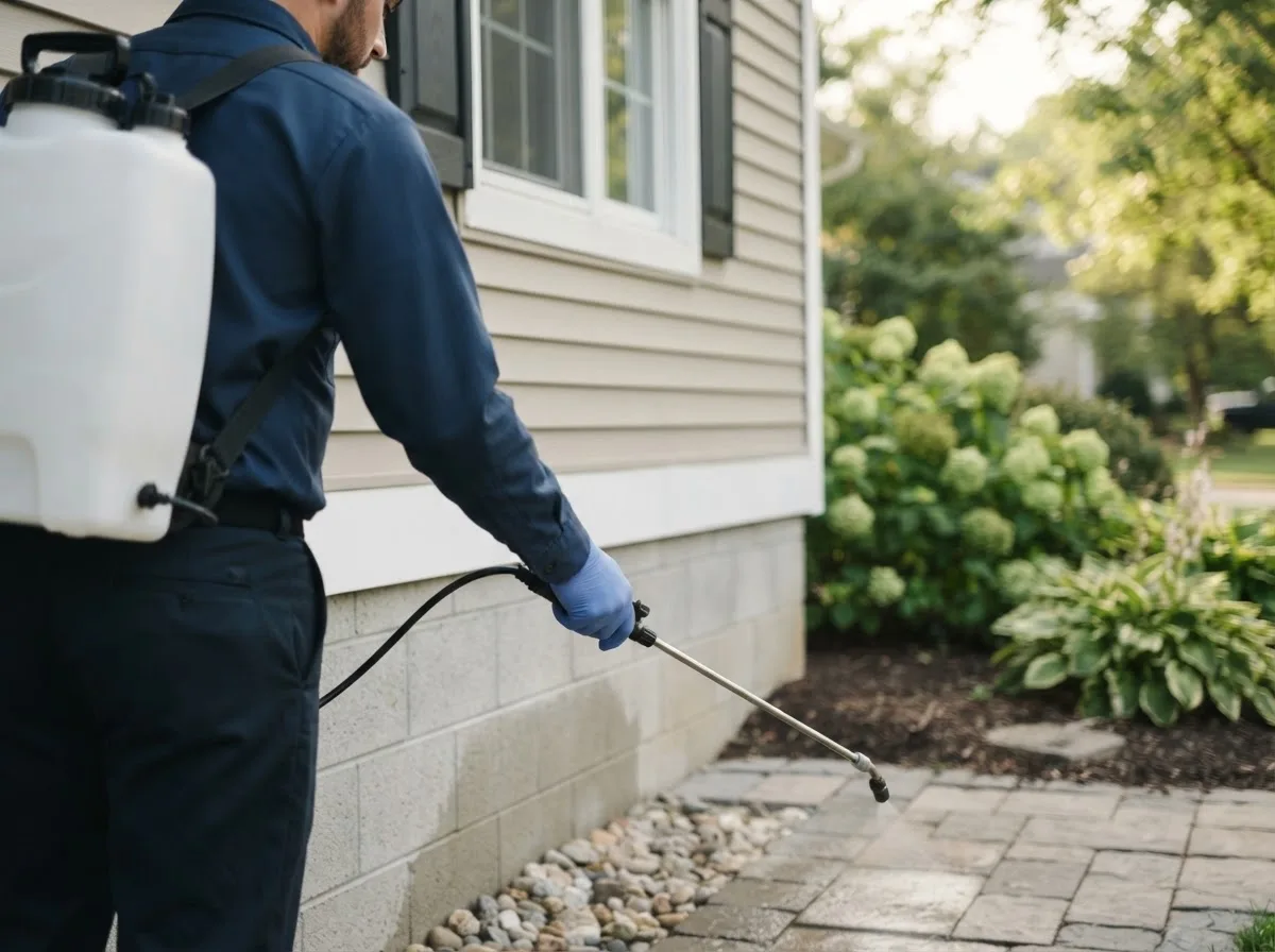 Pest control technician inspecting a home in Cumberland Center, ME